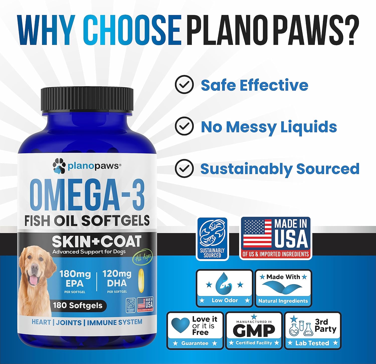 Planopaws Aceite de Pescado Omega 3 para Perros - 180 Cápsulas