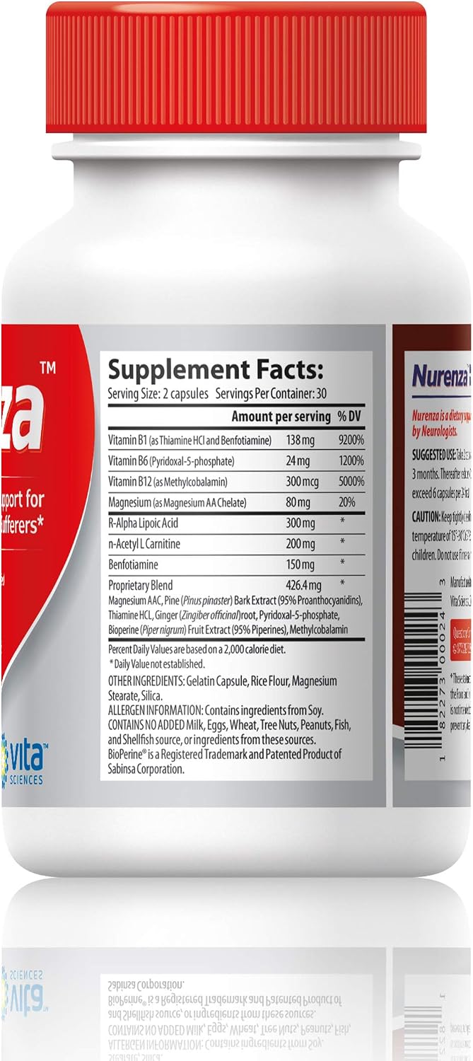 Vita Sciences Nurenza Nerve Health Supplement - Natural R-ALA 40x Stronger with Acetyl L-Carnitine and Benfotiamine - 60 Capsules