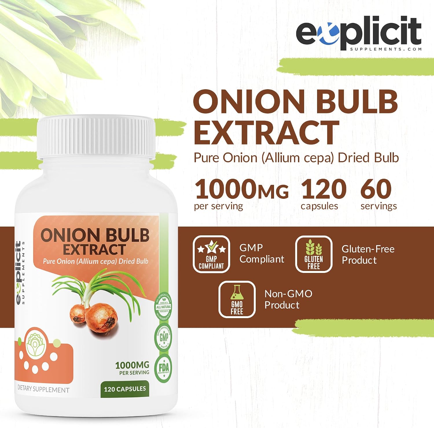 Extracto de Cebolla Natural 1000mg - Bulbo de Cebolla Seca (Allium Cepa) - 120 Cápsulas