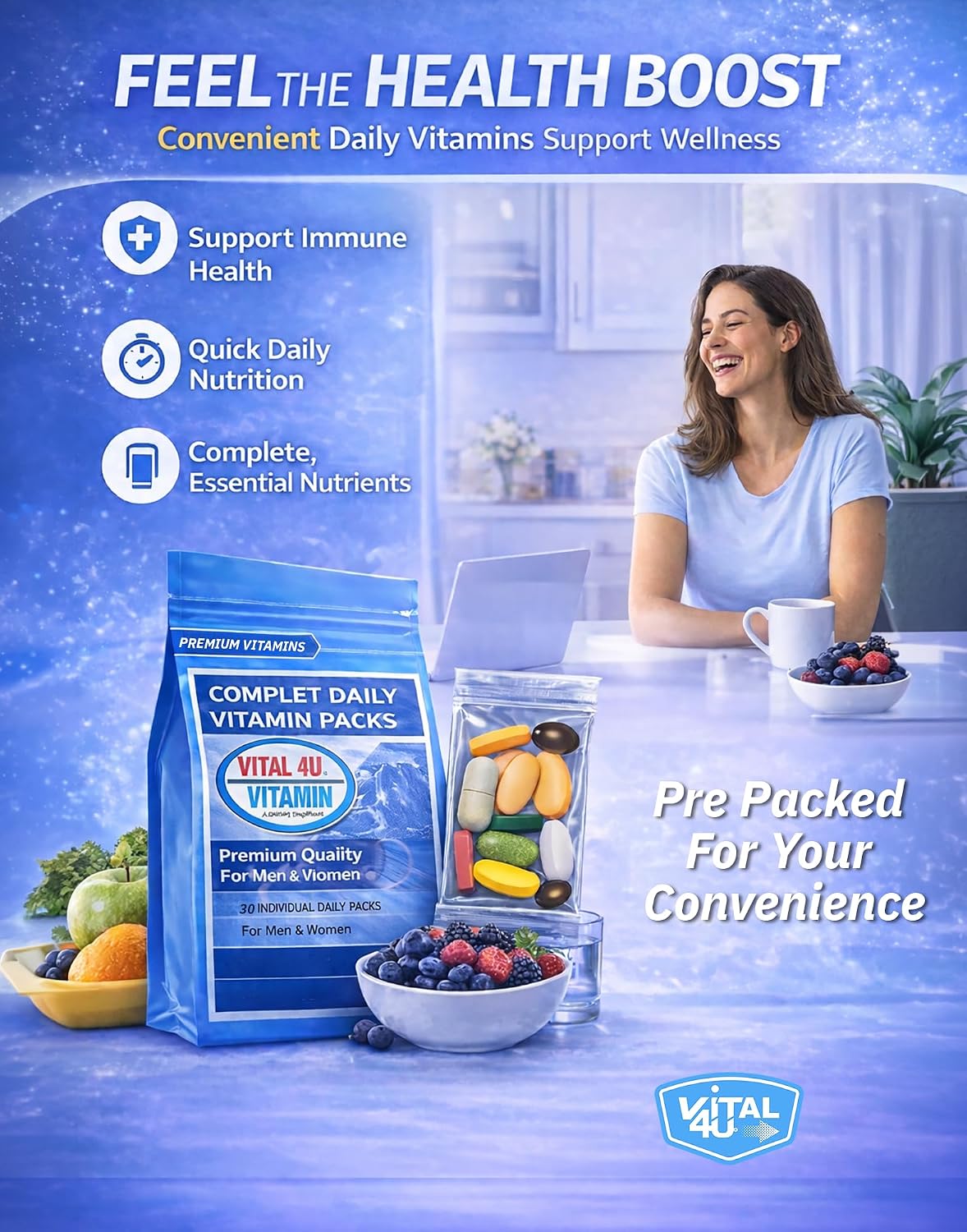 VITAL 4U Premium Daily Multivitamin for Men and Women - 30 Packets
