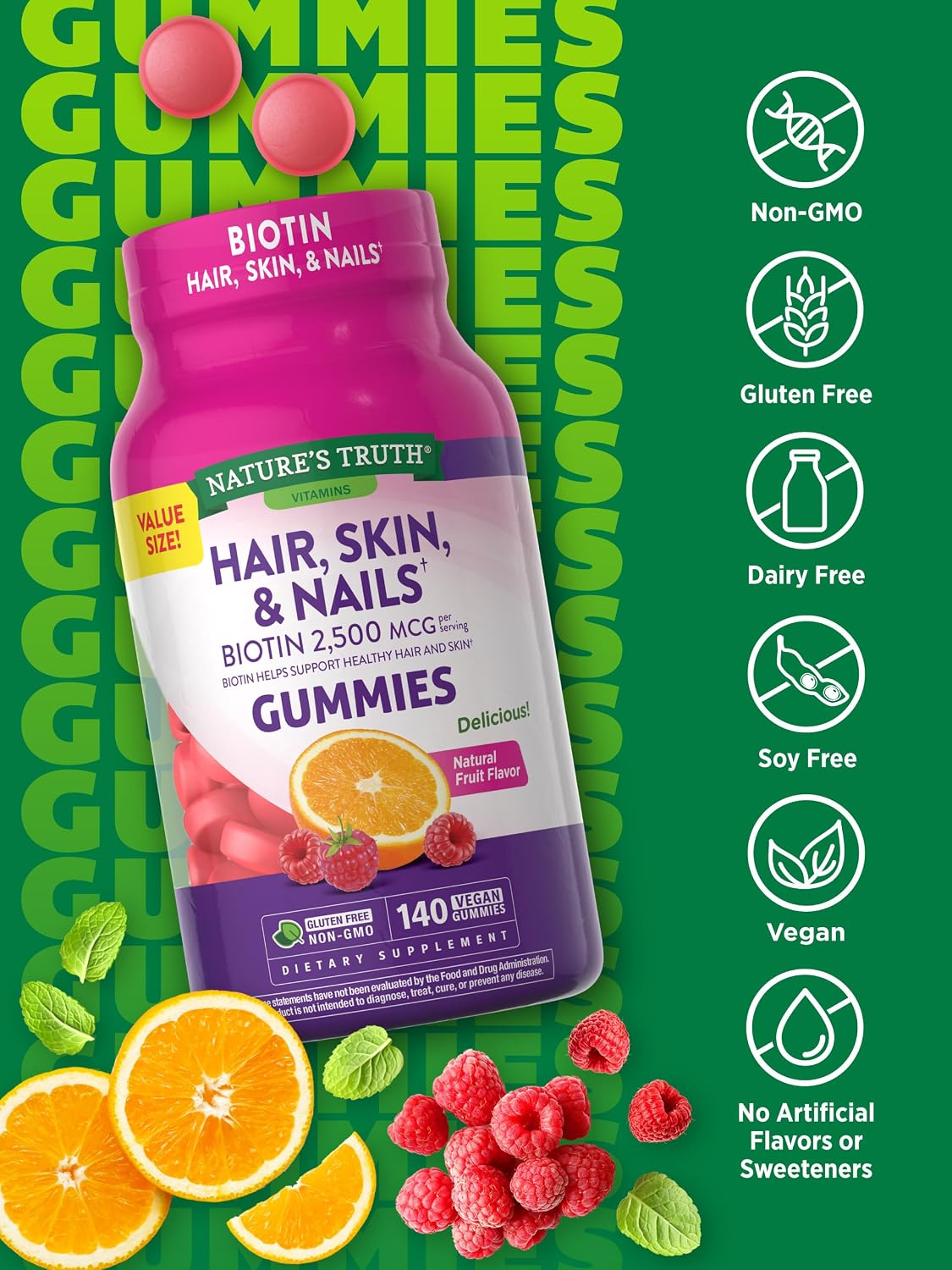 Nature's Truth Gominolas para Cabello, Piel y Uñas con Biotina - 140 Gominolas Veganas Sabor Fruta