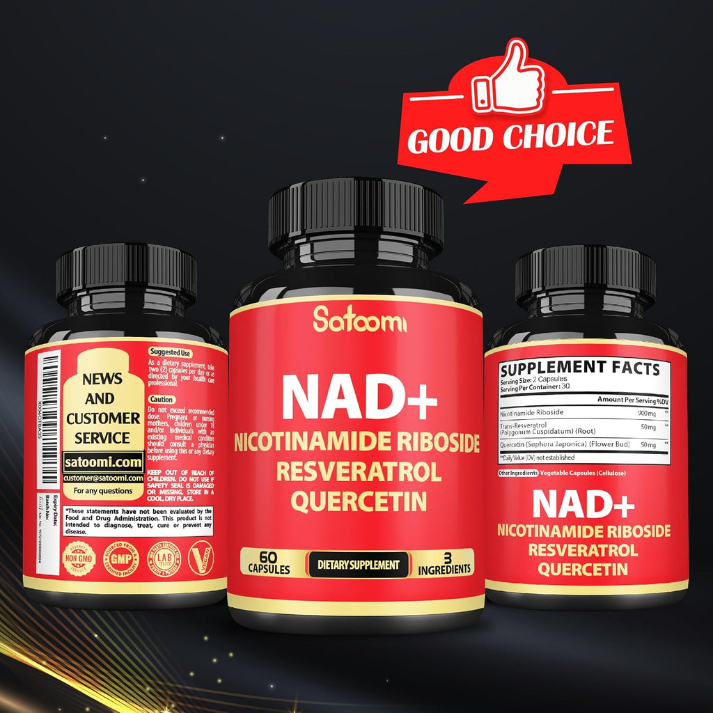 Satoomi Suplemento NAD con Nicotinamida Ribósido, Resveratrol y Quercetina - 60 Cápsulas - 30 Días