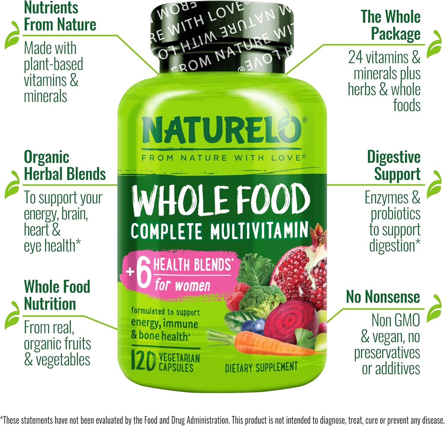 NATURELO Whole Food Multivitamin for Women - 120 Vegan Capsules with Vitamins, Minerals, and Organic Extracts