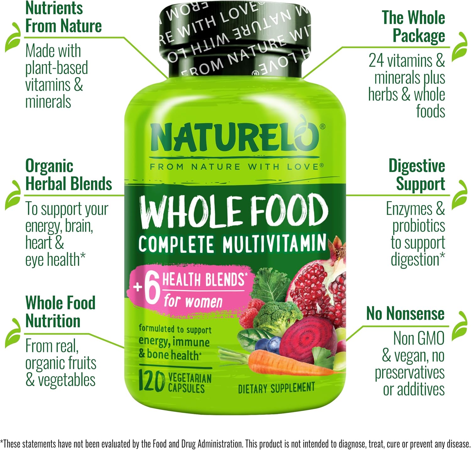NATURELO Multivitamínico Integral para Mujeres - con Vitaminas, Minerales y Extractos Orgánicos - Suplemento para Energía y Salud Cardíaca - Sin OGM - 120 Cápsulas Veganas