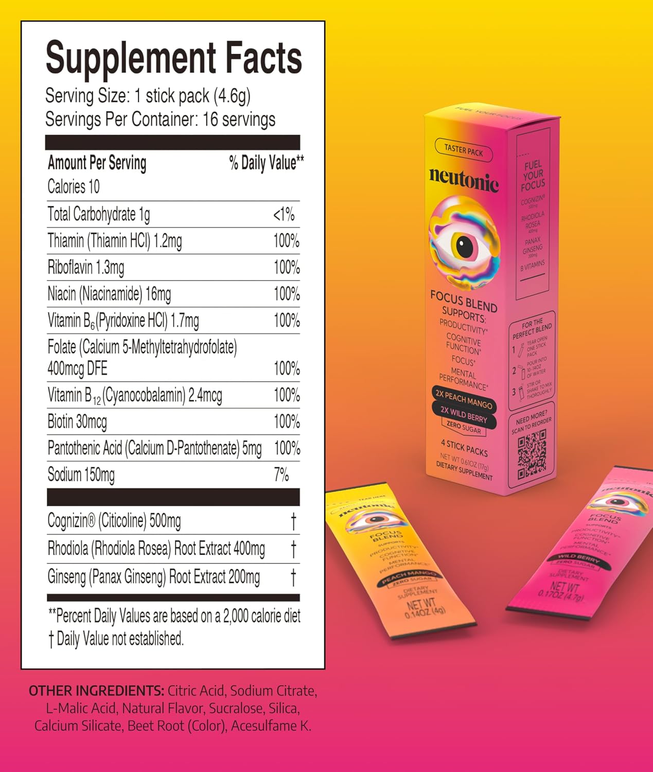 Neutonic Nootropic Focus Blend Powder - Peach Mango & Wild Berry (4 Sticks) | Sin Cafeína, Cero Azúcar