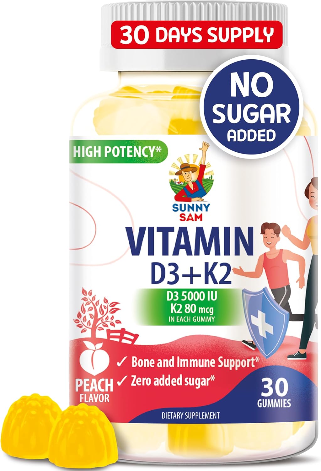 SUNNY SAM Vitamin D3 K2 Gummies 5000 UI, Sin Azúcar, 30 Gominolas