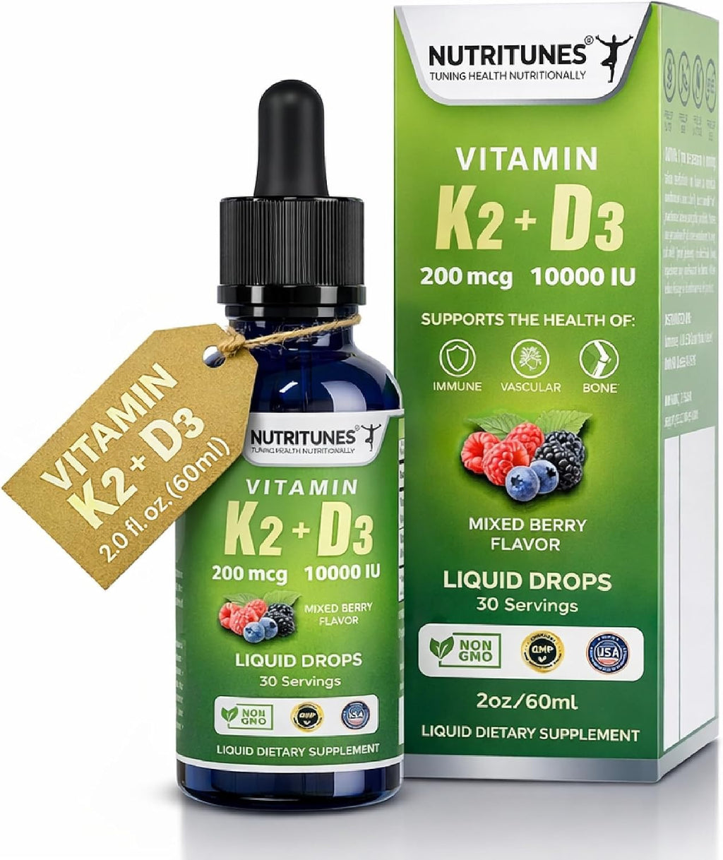 Nutritunes K2 D3 Liquid Drops – Vitamina D3 10.000 UI y K2 200 mcg – Complemento de Alta Potencia – Sabor a Bayas Mixtas – 30 Servicios (60 ml)