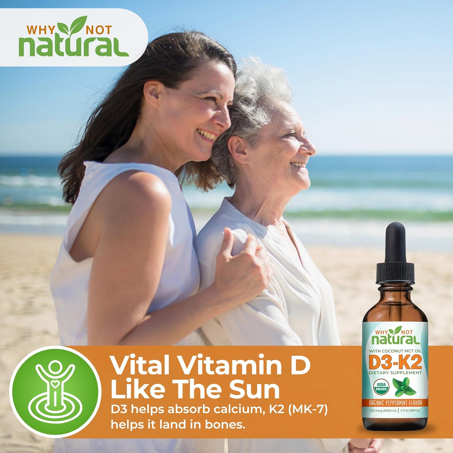 Why Not Natural Vitamina D3 K2 (MK-7) Gotas Líquidas, 5000 UI con Aceite MCT de Coco