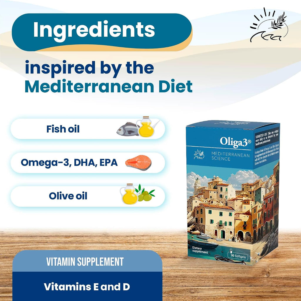 Oliga3 Omega-3 EPA DHA con Aceite de Oliva, Vitamina D y E | 30 Cápsulas Blandas
