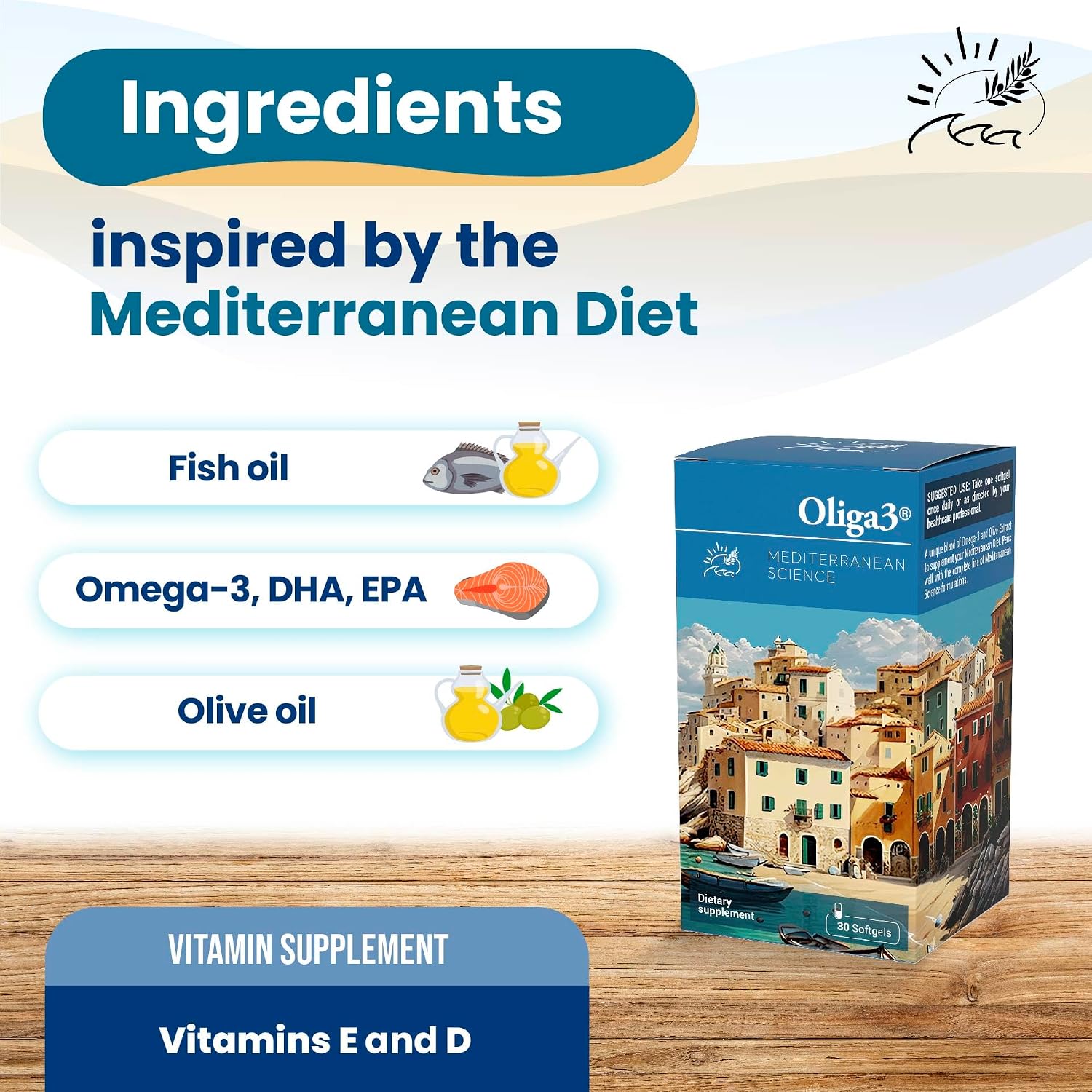 Oliga3 Omega-3 EPA DHA con Aceite de Oliva, Vitamina D y E | 30 Cápsulas Blandas