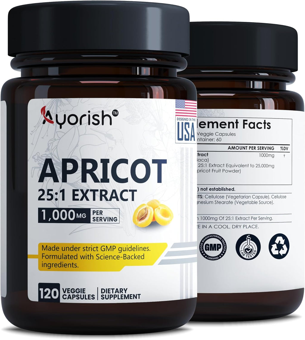 Ayorish Extracto de Albaricoque 25:1, 500 mg por Cápsula, 1000 mg por Ración - 120 Cápsulas