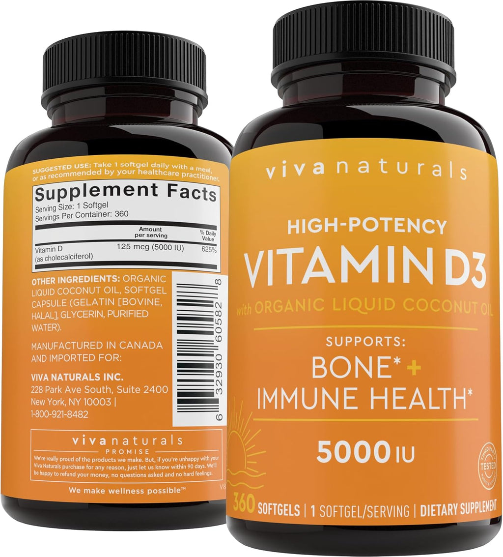 Viva Naturals Vitamin D3 5000 IU Softgels, 360 Count (125 mcg)