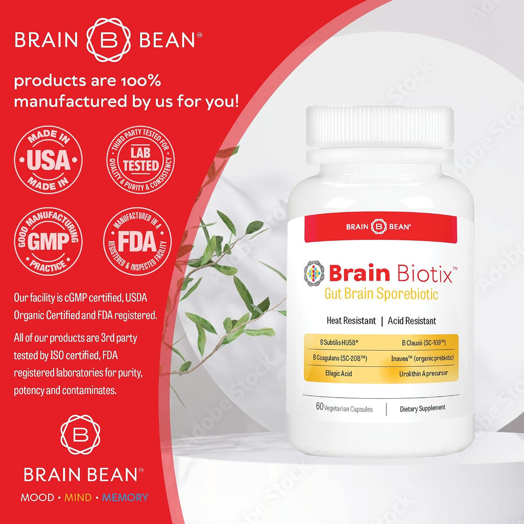 Brain Bean Brain Biotix | Probiótico y Prebiótico de Esporas para Intestino y Cerebro | 30 Dosis