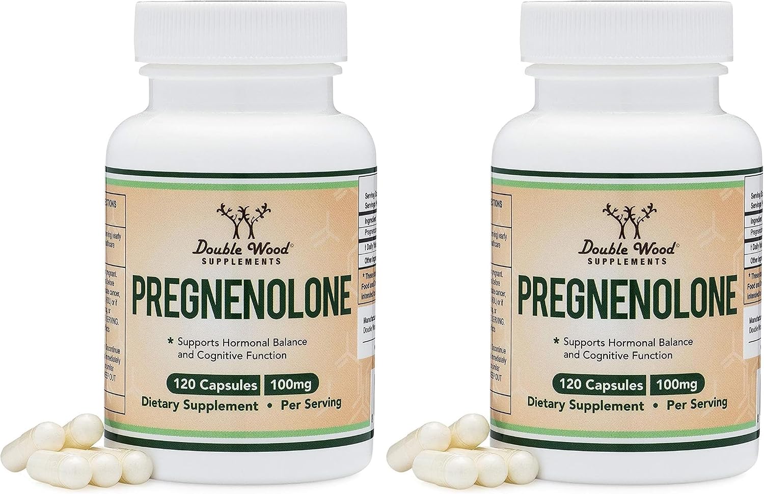 Pregnenolona 100 mg por dosis (Convertido a progesterona) - Probado por terceros - 120 Cápsulas (50 mg por cápsula) No transgénico - Double Wood
