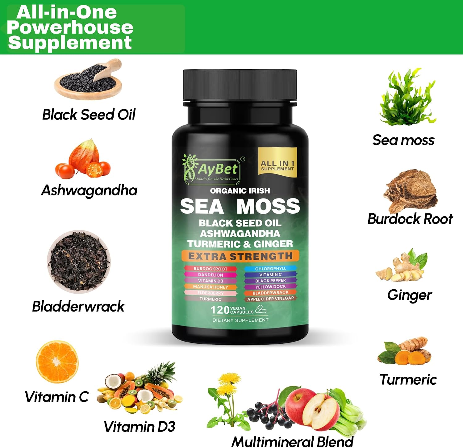 Cápsulas de Musgo Marino Orgánico Irlandés – 120 Cápsulas – Suplemento 16 en 1 con Aceite de Semilla Negra, Ashwagandha, Cúrcuma, Jengibre, Bladderwrack, Raíz de Bardana y Vitamina D3 – Orgánico, Vegano, Halal, No-GMO