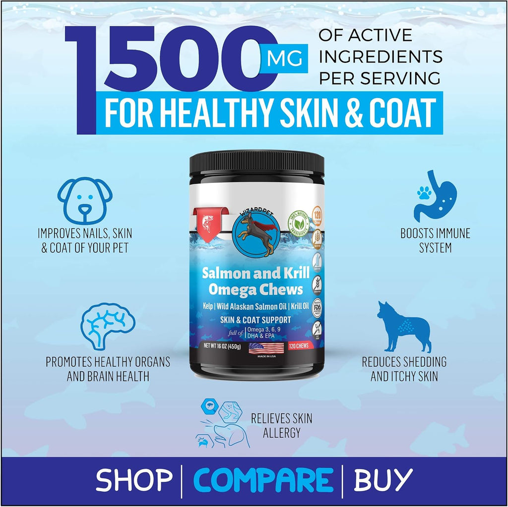 WIZARDPET Masticables Blandos de Aceite de Salmón y Krill para Perros - 120 Unidades - Suplemento de Omega 3, 6 y 9 con EPA y DHA