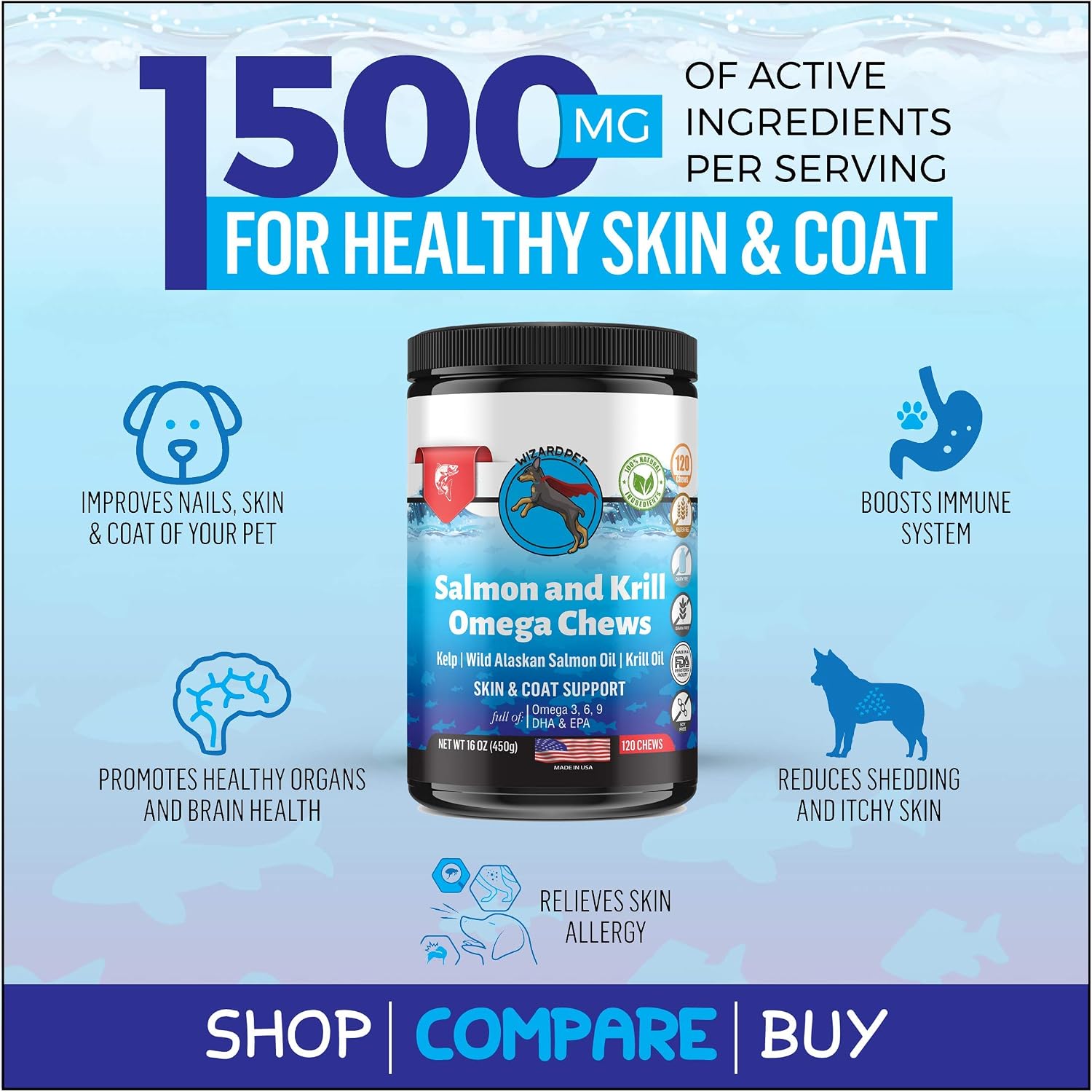 WIZARDPET Masticables Blandos de Aceite de Salmón y Krill para Perros - 120 Unidades - Suplemento de Omega 3, 6 y 9 con EPA y DHA