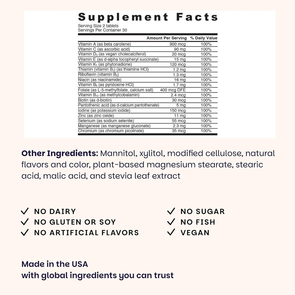 EZ Melts Multivitamin sin Hierro - 18 Vitaminas y Minerales - Vitamina C, Folato, Biotina - No-GMO y Vegano - Sabor Manzana - 60 Comprimidos Dispersables (30 Dosis)