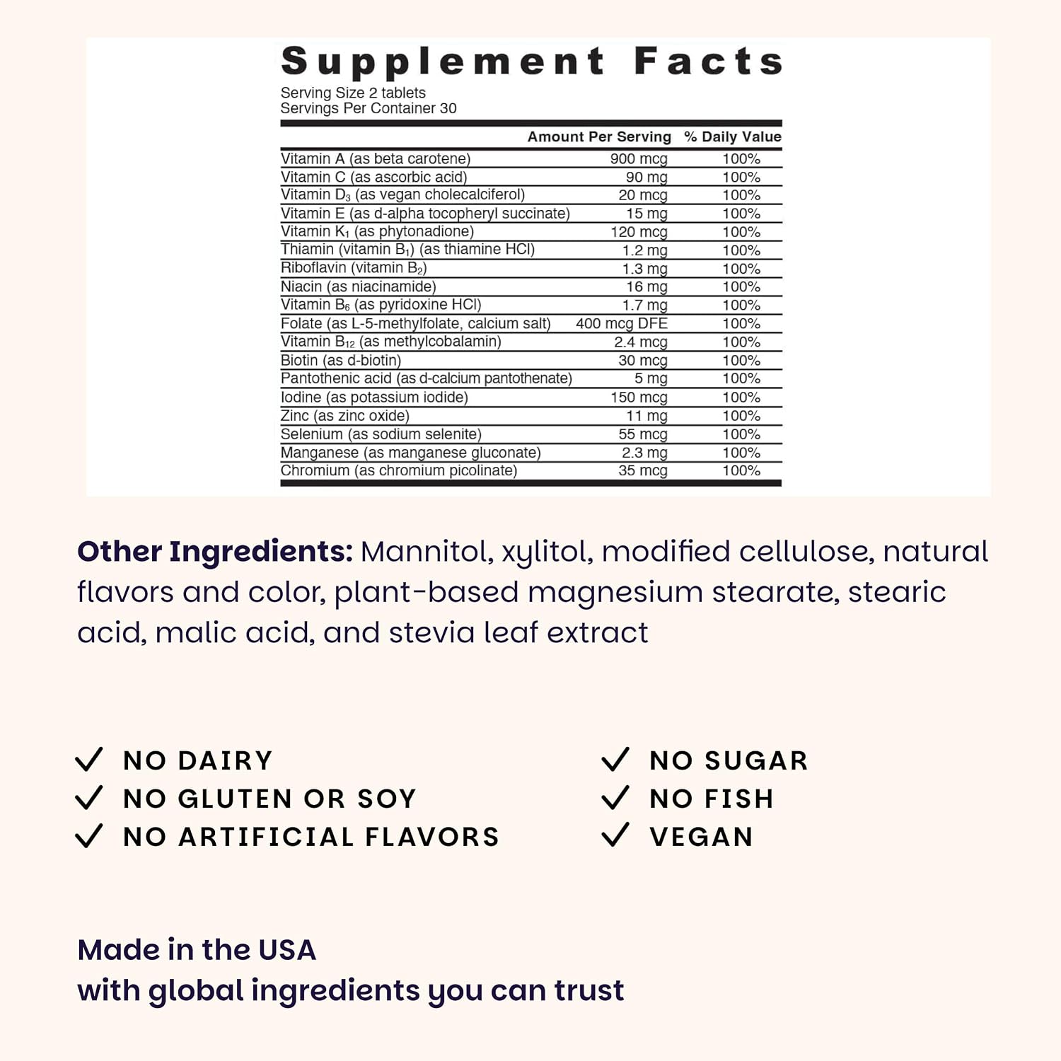 EZ Melts Multivitamin sin Hierro - 18 Vitaminas y Minerales - Vitamina C, Folato, Biotina - No-GMO y Vegano - Sabor Manzana - 60 Comprimidos Dispersables (30 Dosis)