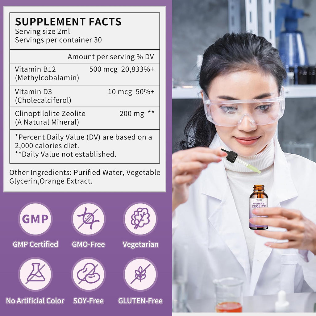 Gotas Premium de Zeolita para Mujeres - 99%+ Ceniza Volcánica Natural Pura con Vitamina B12 y D3 - 118 ml