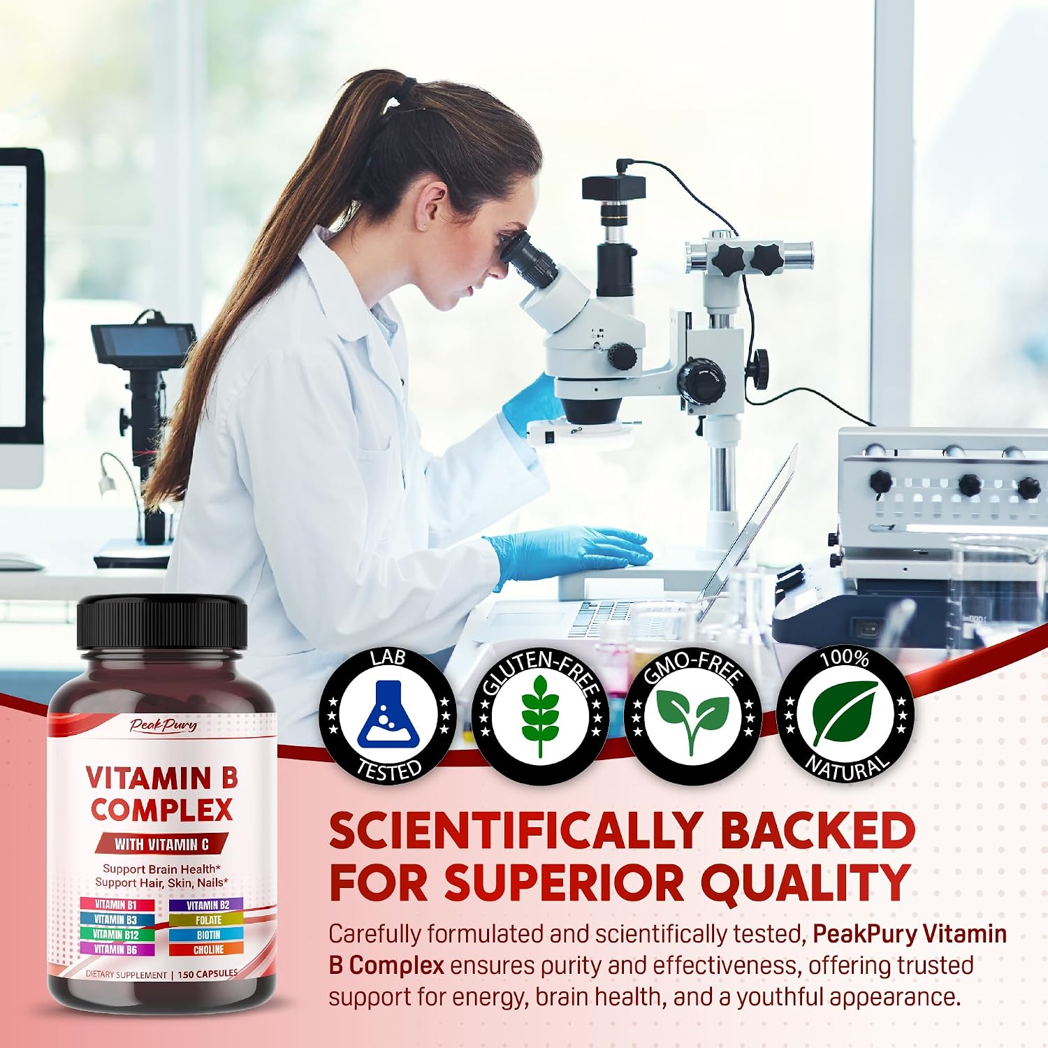 Ultra Complejo B con Vitamina C – Apoya la Salud Cerebral y Promueve el Cabello, la Piel y las Uñas Saludables – Alta Potencia B1, B2, B3, Folato, B12, Biotina, B5 y Colina – 150 Cápsulas