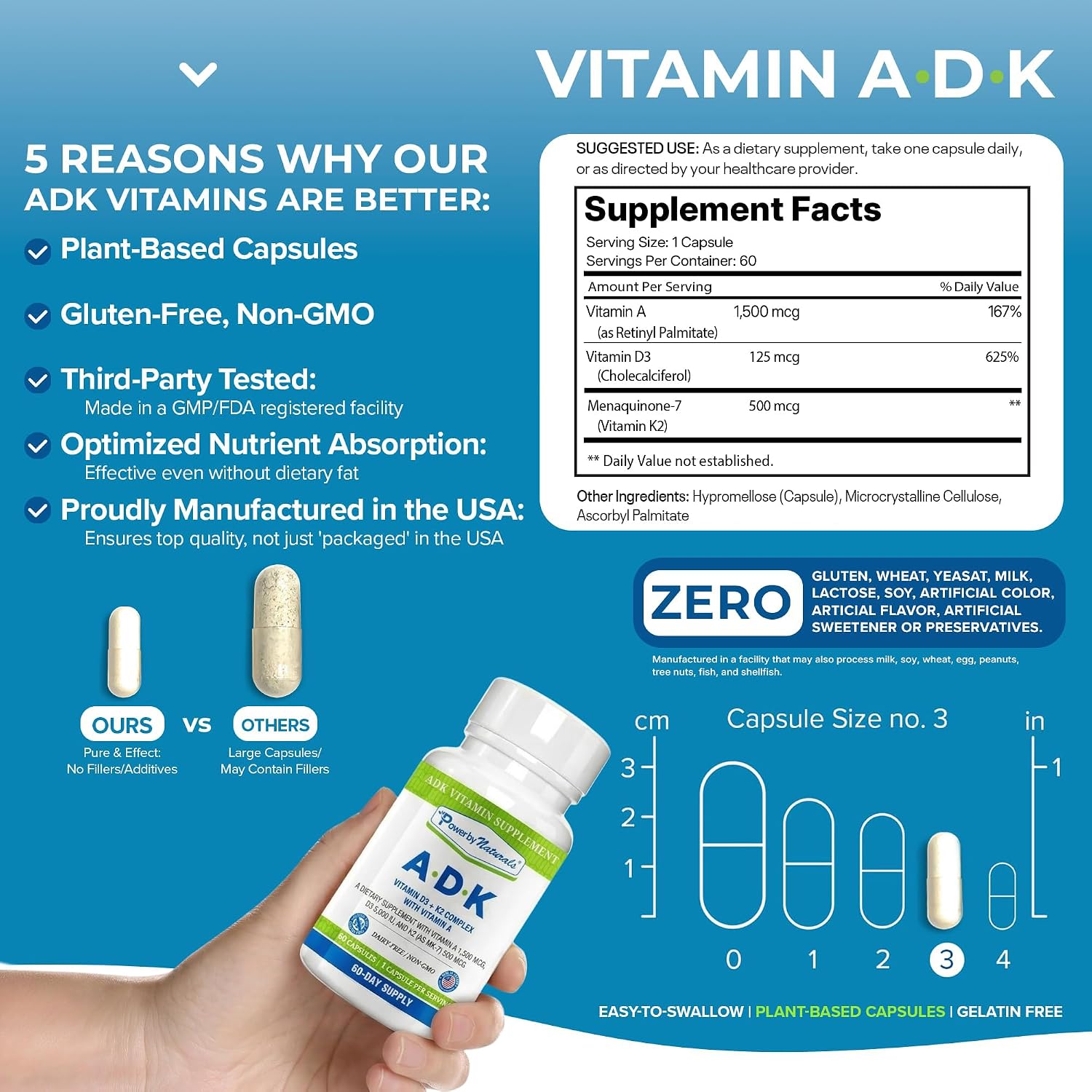 Power By Naturals ADK - Complejo de Vitaminas A, D3 y K2 MK-7 - 120 Cápsulas (2 Envases, 4 Meses)