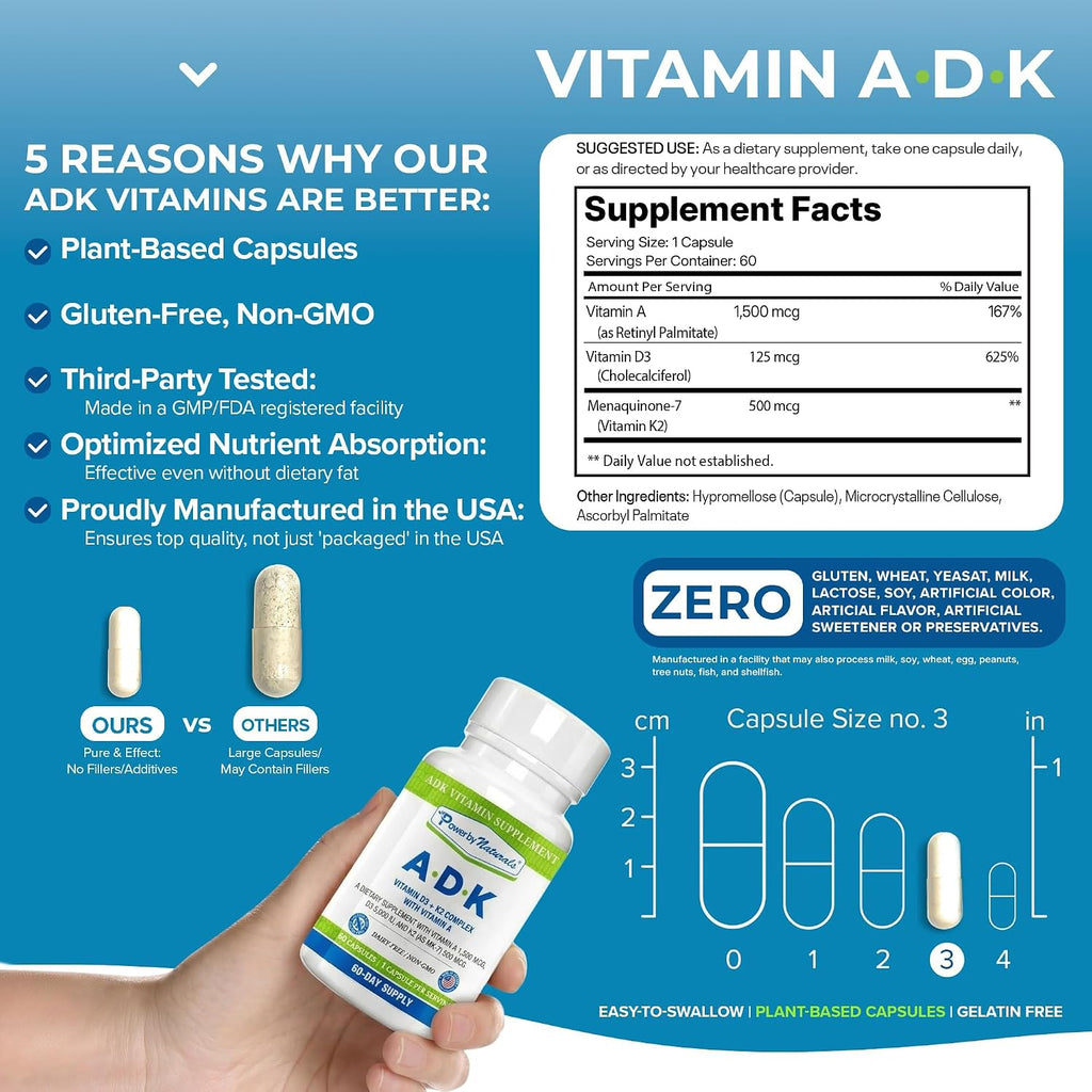 Power By Naturals ADK – Suplemento de Vitaminas A, D3 y K2 MK-7 – 60 Cápsulas