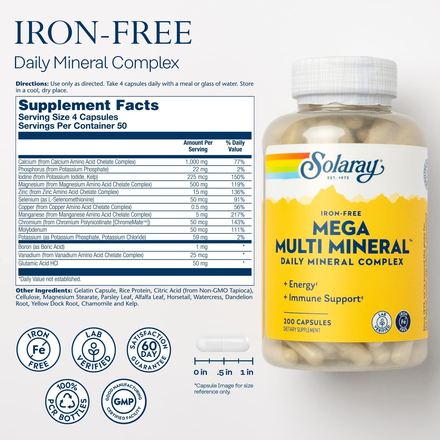 SOLARAY Mega Multi Mineral, Sin Hierro - Complejo Mineral Diario con Calcio, Magnesio, Zinc, Selenio, Boro y Minerales Traza