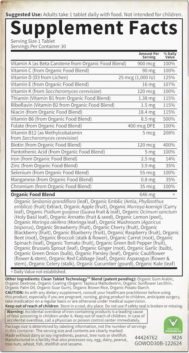 Garden of Life Organics, Multivitamínico Diario para Mujeres, Alimento Integral, 30 Comprimidos Veganos
