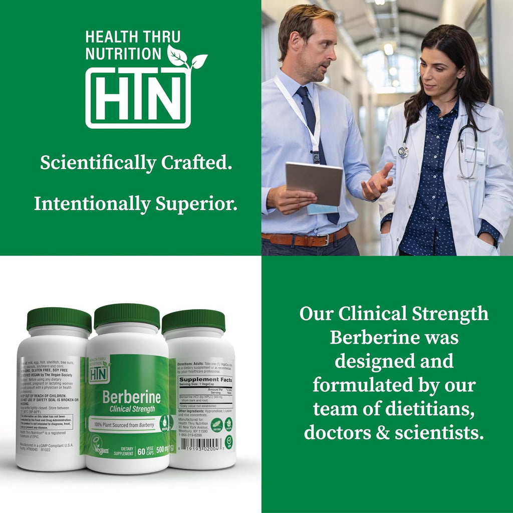 Health Thru Nutrition Berberine HCl 500mg 60 Cápsulas | Suplemento de Alta Potencia | Vegano | Sin OGM | Sin Soja | Probado por Terceros