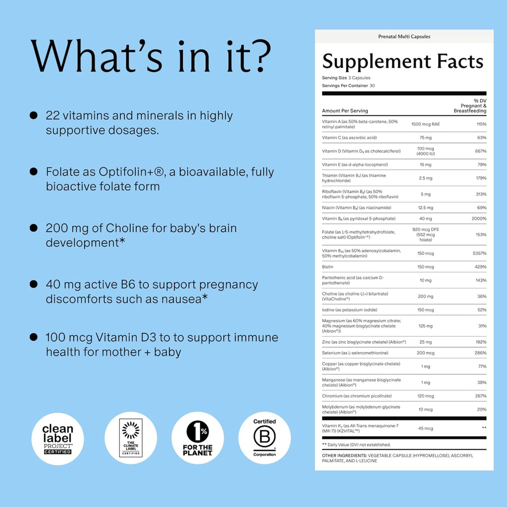 Needed. Multivitamínico Prenatal | Cápsulas para Embarazo, Lactancia y Postparto | Fórmula Completa con Metilfolato, Colina y Vitamina D3 | 90 Cápsulas (30 Días)