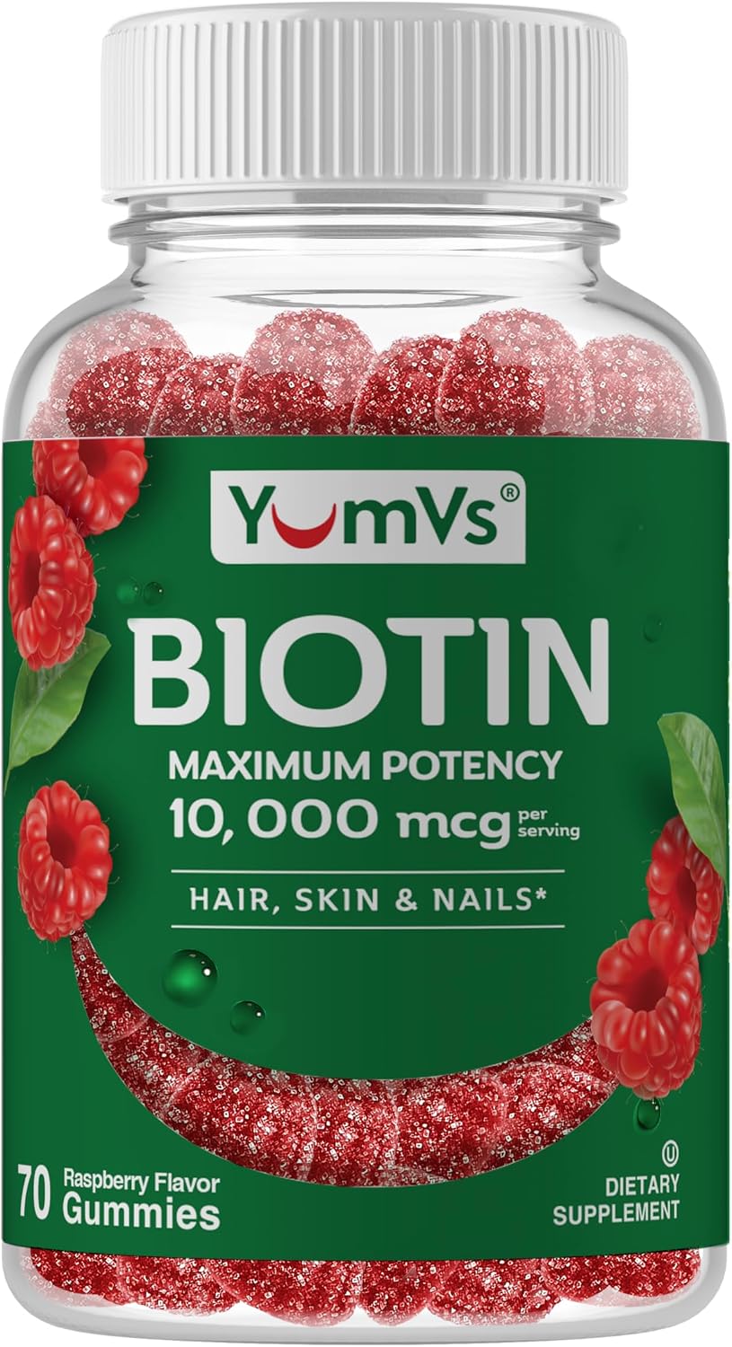 YUM-V'S Biotin Gummies 10.000 mcg – Gominolas de Biotina para Cabello, Piel y Uñas – 70 Gominolas – Sabor Frambuesa – Vegano