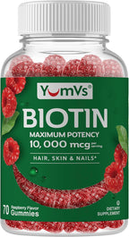 YUM-V'S Biotin Gummies 10.000 mcg – Gominolas de Biotina para Cabello, Piel y Uñas – 70 Gominolas – Sabor Frambuesa – Vegano