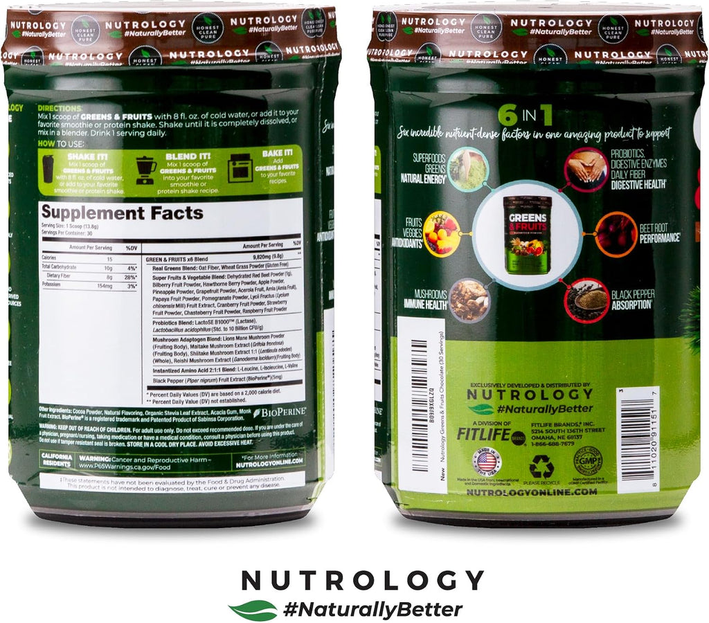 Nutrology Greens & Fruits Powder - Mezcla de frutas y verduras, remolacha, setas, probióticos, enzimas digestivas, fibra, antioxidantes - Sabor Chocolate - 30 raciones