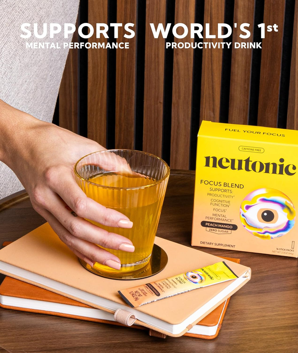 Neutonic Mezcla Nootrópica en Polvo Sabor Peach Mango | 16 Sticks | Sin Cafeína, Sin Azúcar | Apoyo a la Memoria, Concentración y Función Cognitiva