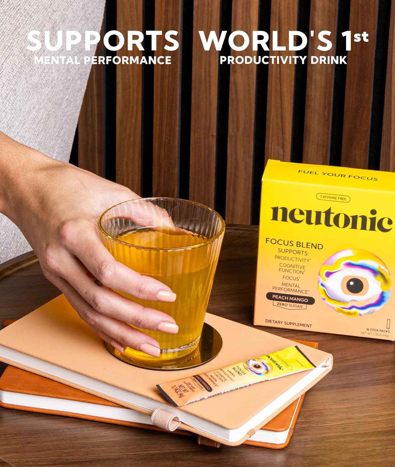 Neutonic Mezcla Nootrópica en Polvo Sabor Peach Mango | 16 Sticks | Sin Cafeína, Sin Azúcar | Apoyo a la Memoria, Concentración y Función Cognitiva