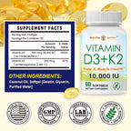 NoMiLu Vitamina D3 y K2 (10000 UI + 200 mcg) - 90 Cápsulas Blandas - 3 Meses de Suministro