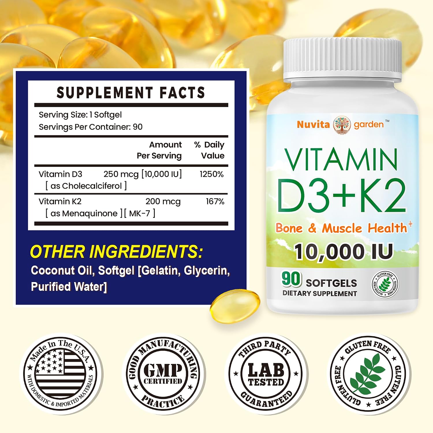 NoMiLu Vitamina D3 y K2 (10000 UI + 200 mcg) - 90 Cápsulas Blandas - 3 Meses de Suministro