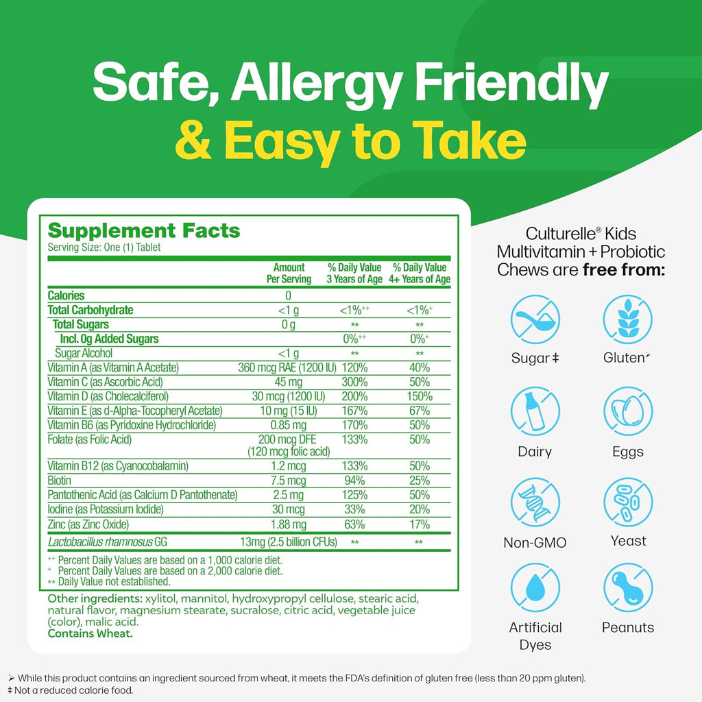 Culturelle Kids Multivitamínico + Probiótico Completo Masticable para Niños de 3+ Años, 50 Comprimidos Sabor Fruta