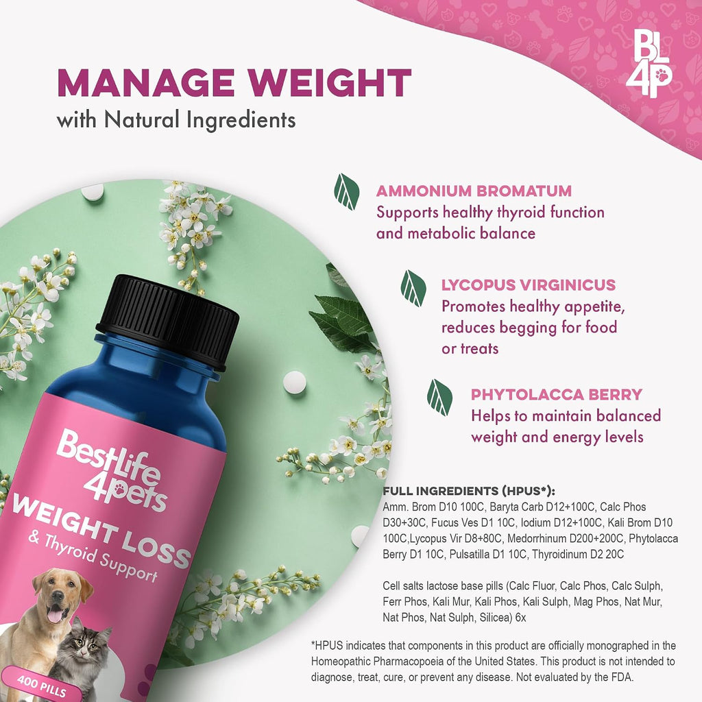 BestLife4Pets Weight & Thyroid Support – Suplemento Natural para el Control de Peso en Perros y Gatos – 400 Comprimidos