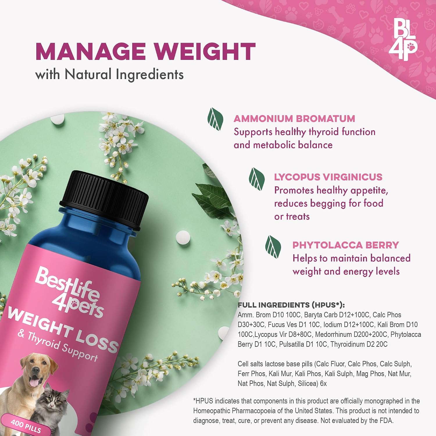 BestLife4Pets Weight & Thyroid Support – Suplemento Natural para el Control de Peso en Perros y Gatos – 400 Comprimidos