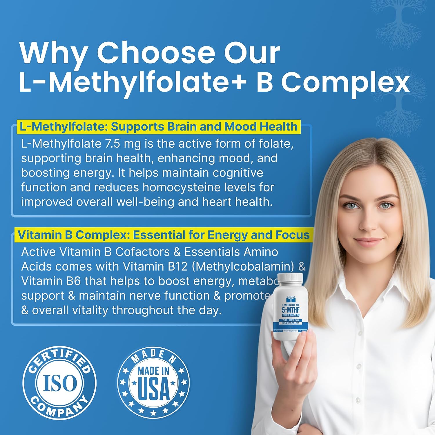 L-Metilfolato 7.5 mg + Complejo B - 5-MTHF, B6 y B12 Metilcobalamina - 60 Cápsulas - Fórmula Profesional