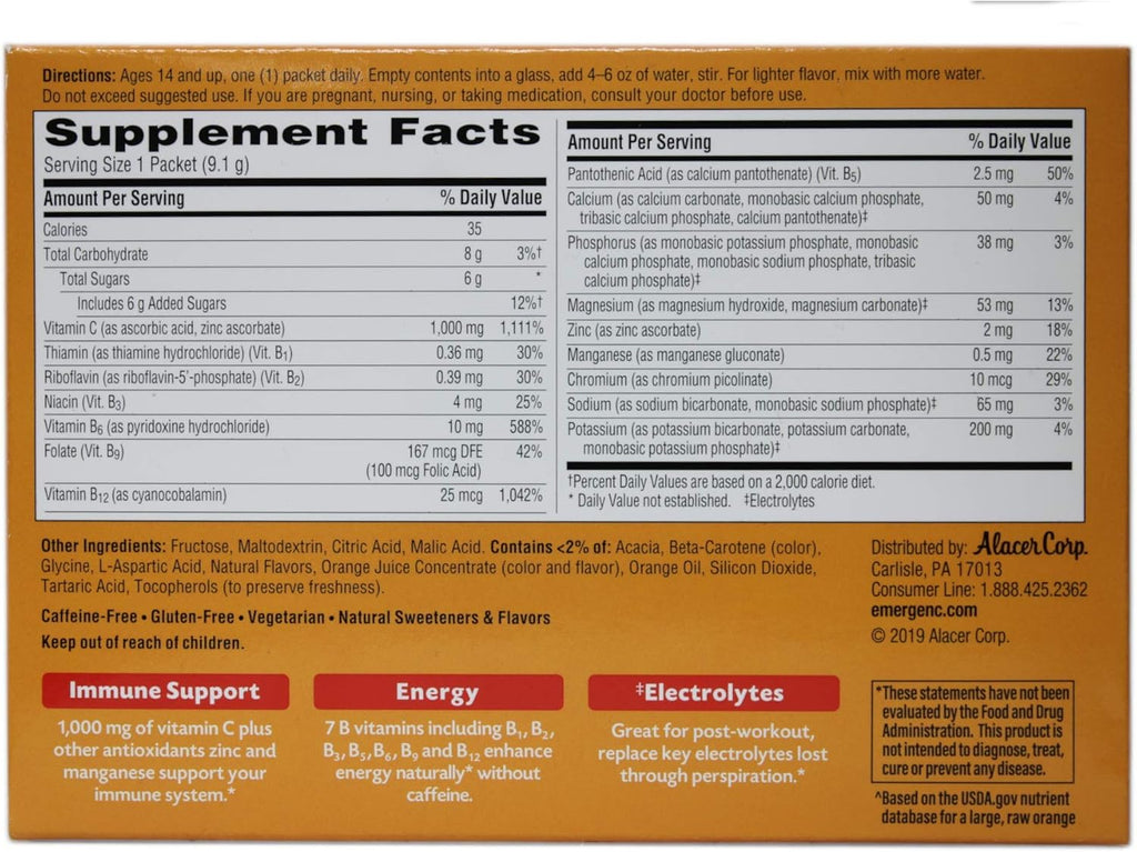 Emergen-C Vitamin C Flavored Fizzy Drink Mix Packets, Super Orange 30 ea ( Pack of 4)