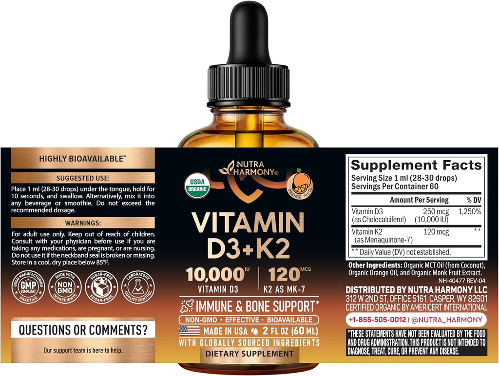 Vitamin D3 K2 USDA Organic Drops - Vitamina D3 10000 IU & K2 como MK-7 120mcg - Apoyo Inmune y de Ánimo, Salud de Huesos y Dientes - Sin Azúcar, Sabor Naranja - Suplemento Líquido - 60 ml, 60 Días