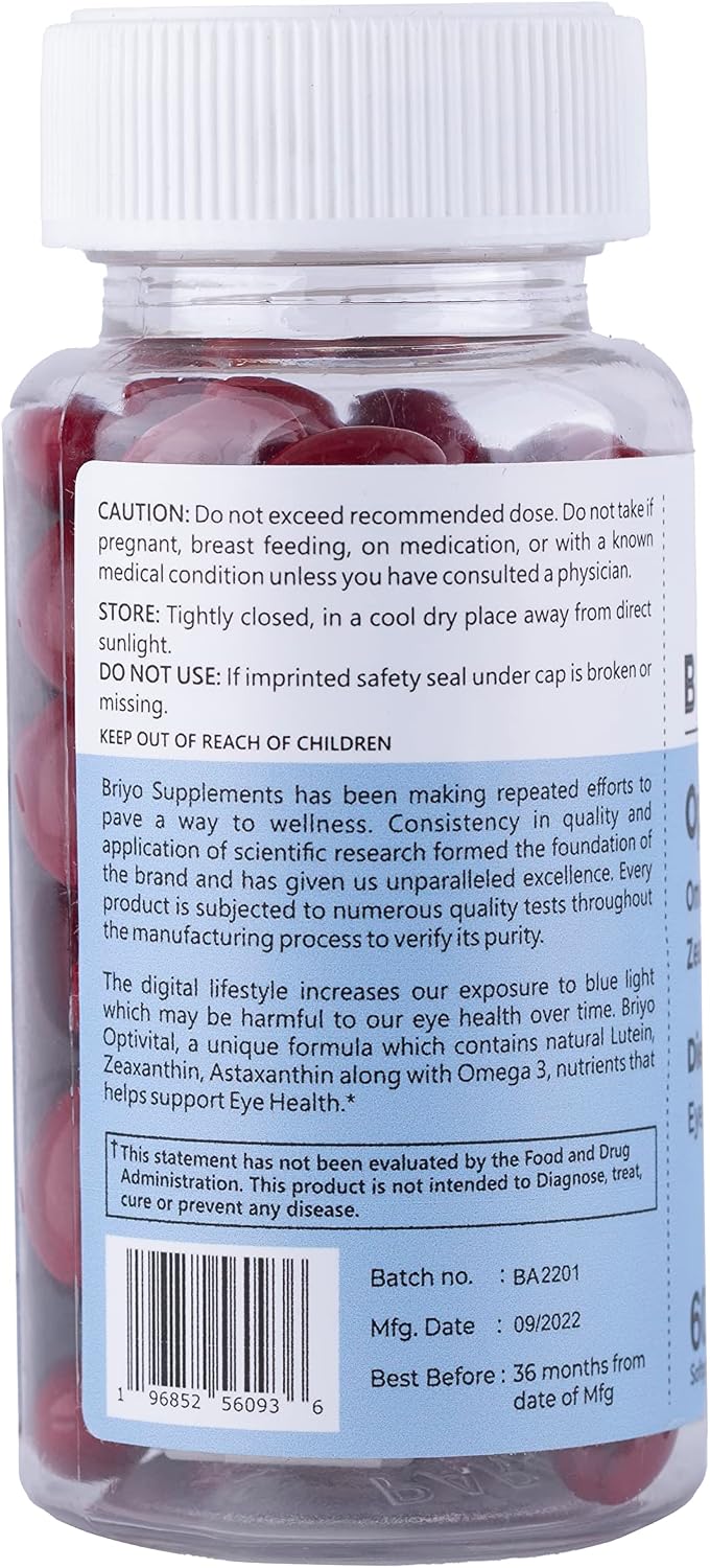 Briyo OptiVital – Complemento para la salud visual con luteína, zeaxantina, astaxantina y omega-3, 60 cápsulas