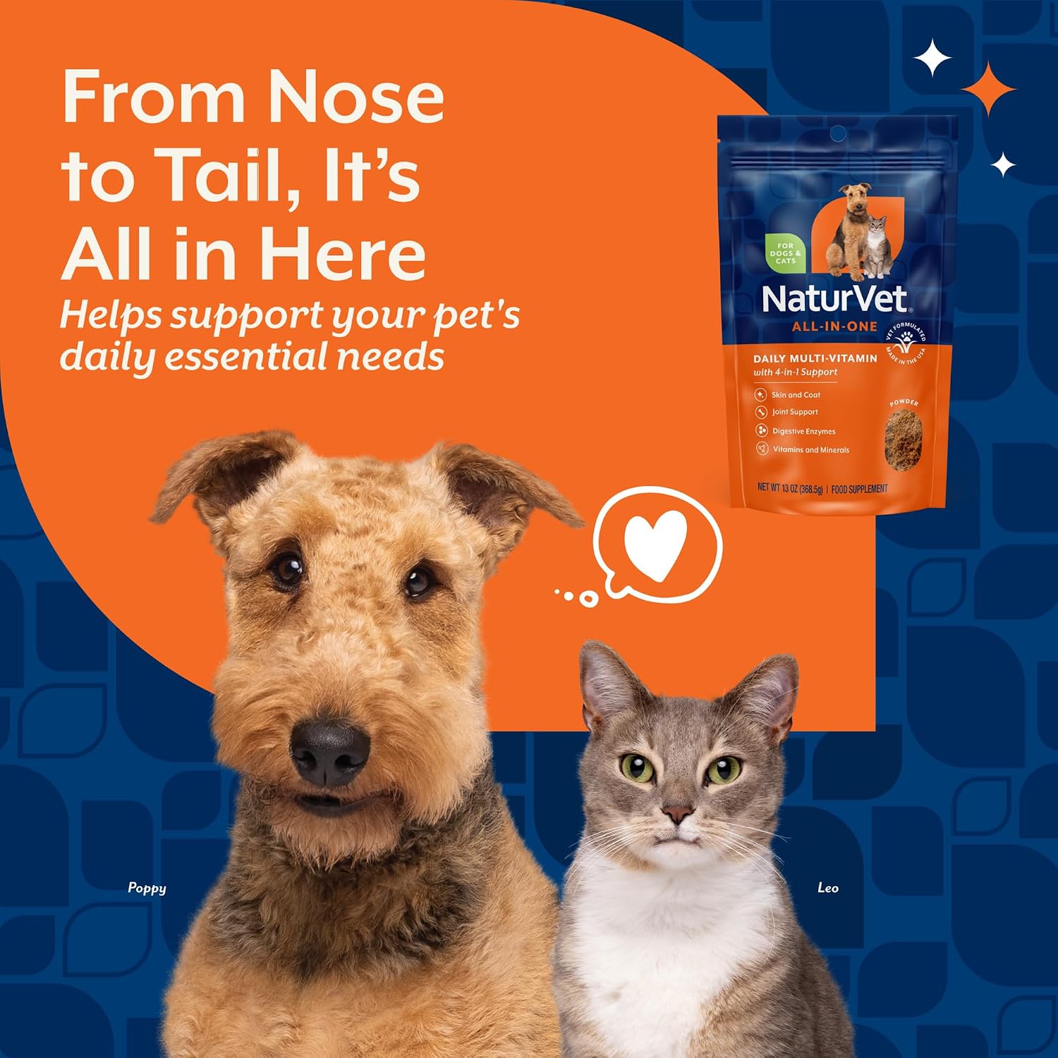 NaturVet Suplemento All-in-One para Perros - Apoyo para Articulaciones, Digestión, Piel y Pelaje - Multivitamínico con Minerales, Omega-3, 6, 9 - Sin Trigo - 368 g