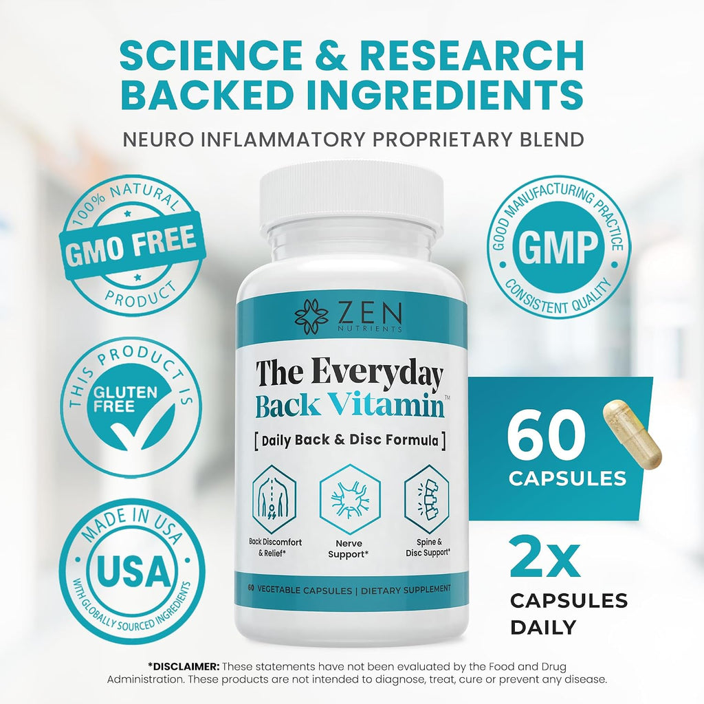 Zen Nutrients The Everyday Back Vitamin - Alivio para la Espalda Baja y Soporte de la Función Nerviosa - Alivio de Espalda, Discos y Nervios con Ácido Alfa Lipoico, Cúrcuma y Glucosamina (60 Cápsulas)