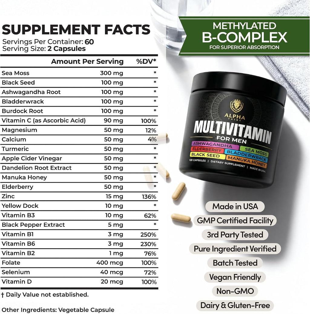 Alpha Tribe Multivitamínico para Hombres con Sea Moss, Aceite de Semilla Negra, Ashwagandha, Cúrcuma, Vitamina C y más