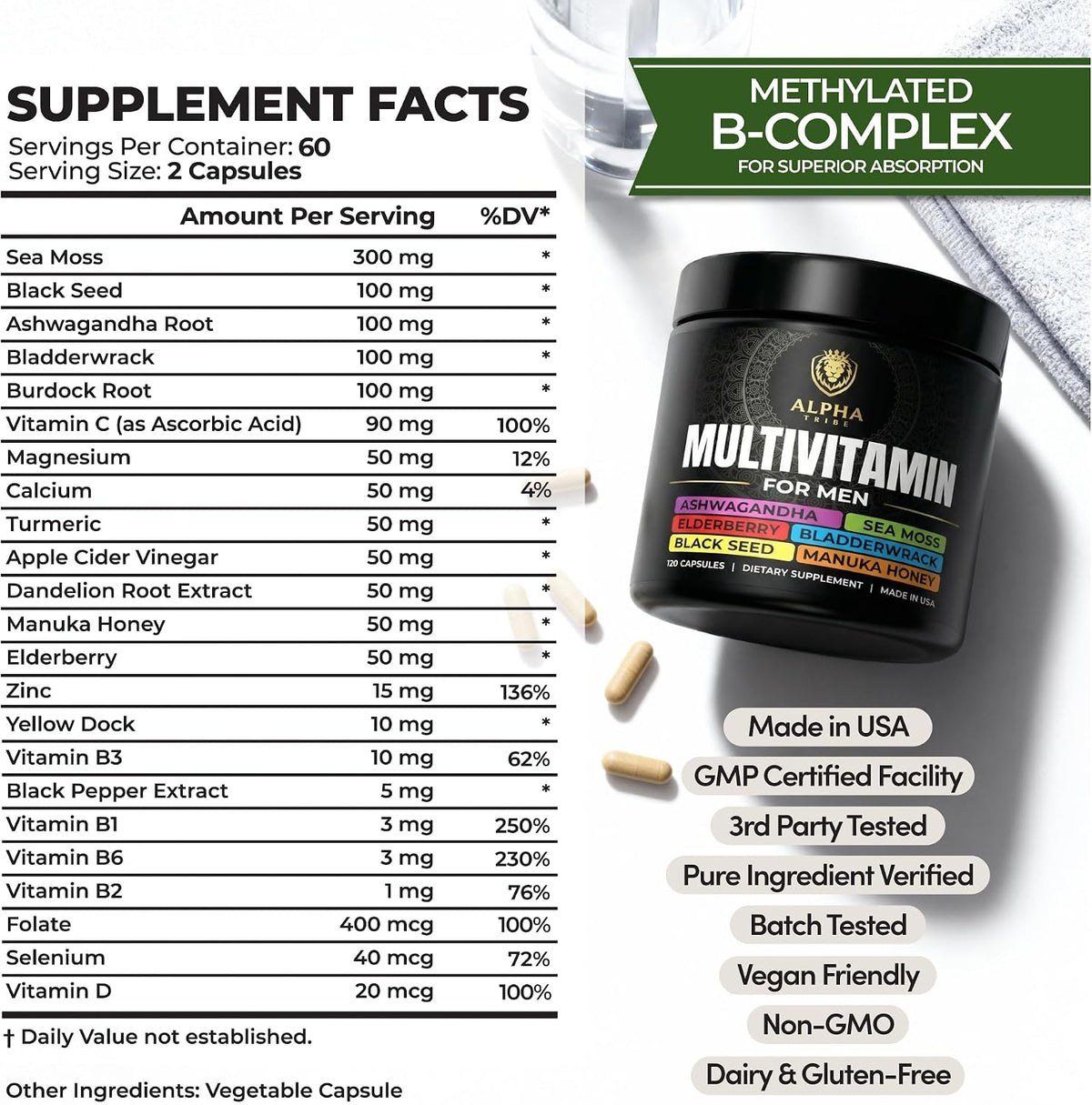 Alpha Tribe Multivitamínico para Hombres con Sea Moss, Aceite de Semilla Negra, Ashwagandha, Cúrcuma, Vitamina C y más – Image 2