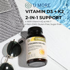 U-MORE - 1000 IU Vitamina D3 & K2 (Menaquinona 7) - Sin Azúcar - 60 Cápsulas Blandas
